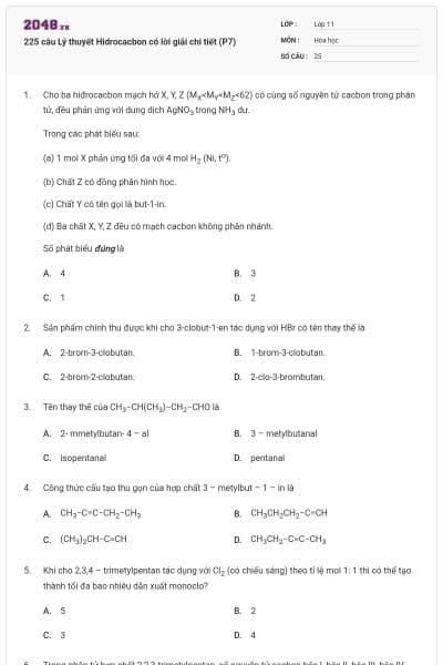 225 câu Lý thuyết Hidrocacbon có lời giải chi tiết (P7)
