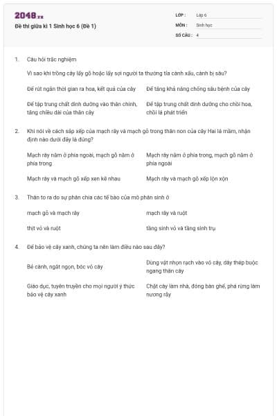 Đề thi giữa kì 1 Sinh học 6 (Đề 1)