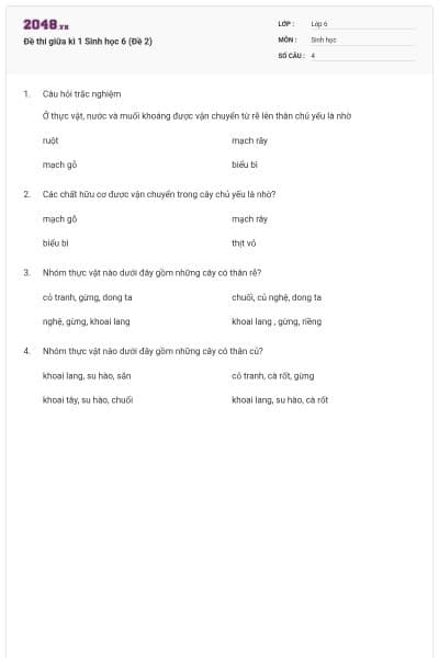 Đề thi giữa kì 1 Sinh học 6 (Đề 2)
