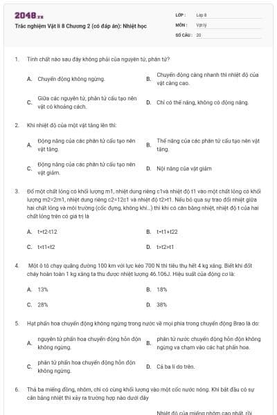 Trắc nghiệm Vật li 8 Chương 2 (có đáp án): Nhiệt học
