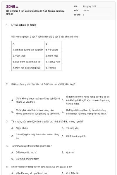 Đề kiểm tra 1 tiết Văn lớp 6 Học kì 2 có đáp án, cực hay (Đề 2)