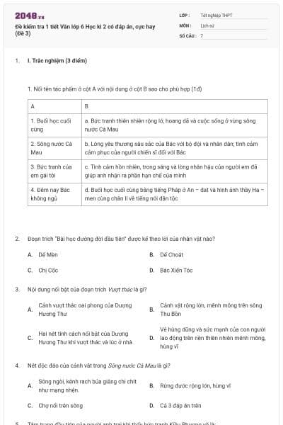 Đề kiểm tra 1 tiết Văn lớp 6 Học kì 2 có đáp án, cực hay (Đề 3)