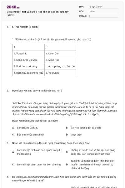Đề kiểm tra 1 tiết Văn lớp 6 Học kì 2 có đáp án, cực hay (Đề 4)