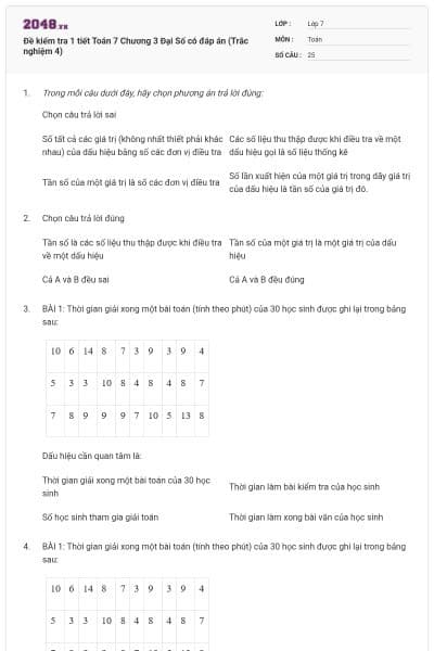 Đề kiểm tra 1 tiết Toán 7 Chương 3 Đại Số có đáp án (Trắc nghiệm 4)