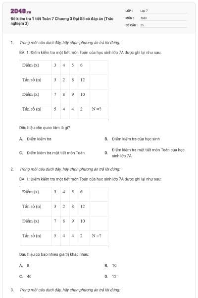 Đề kiểm tra 1 tiết Toán 7 Chương 3 Đại Số có đáp án (Trắc nghiệm 3)