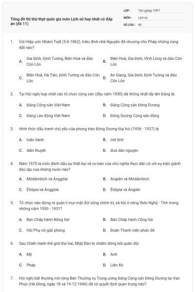 Tổng đề thi thử thpt quốc gia môn Lịch sử hay nhất có đáp án (đề 11)