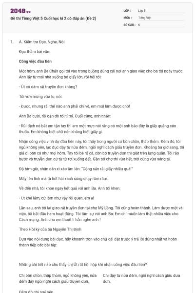 Đề thi Tiếng Việt 5 Cuối học kì 2 có đáp án (Đề 2)