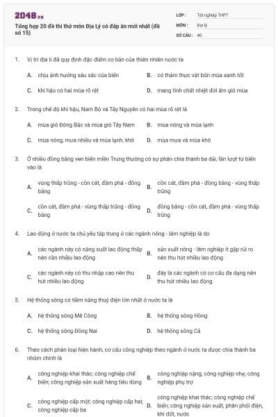 Tổng hợp 20 đề thi thử môn Địa Lý có đáp án mới nhất (đề số 15)