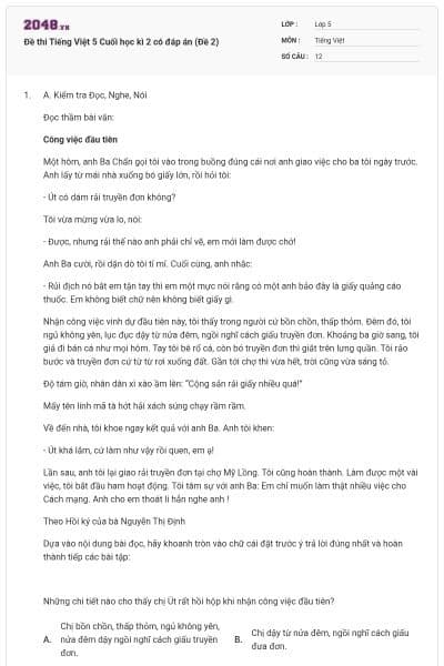 Đề thi Tiếng Việt 5 Cuối học kì 2 có đáp án (Đề 2)