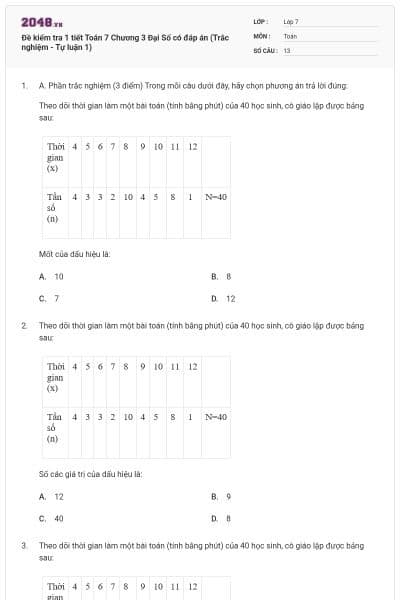 Đề kiểm tra 1 tiết Toán 7 Chương 3 Đại Số có đáp án (Trắc nghiệm - Tự luận 1)