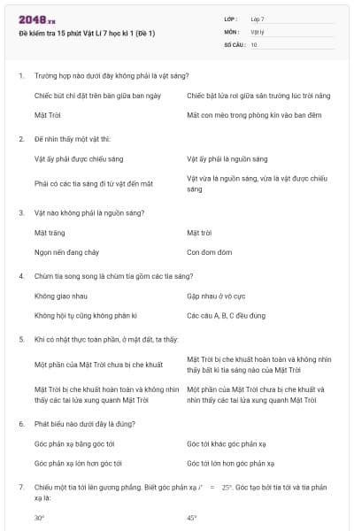 Đề kiểm tra 15 phút Vật Lí 7 học kì 1 (Đề 1)