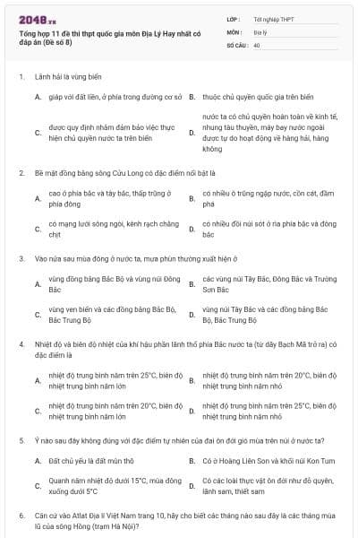 Tổng hợp 11 đề thi thpt quốc gia môn Địa Lý Hay nhất có đáp án (Đề số 8)