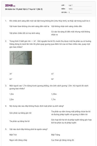 Đề kiểm tra 15 phút Vật Lí 7 học kì 1 (Đề 3)