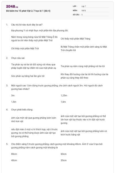 Đề kiểm tra 15 phút Vật Lí 7 học kì 1 (Đề 4)