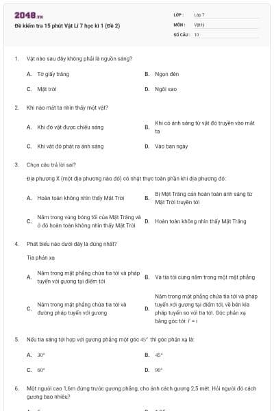 Đề kiểm tra 15 phút Vật Lí 7 học kì 1 (Đề 2)