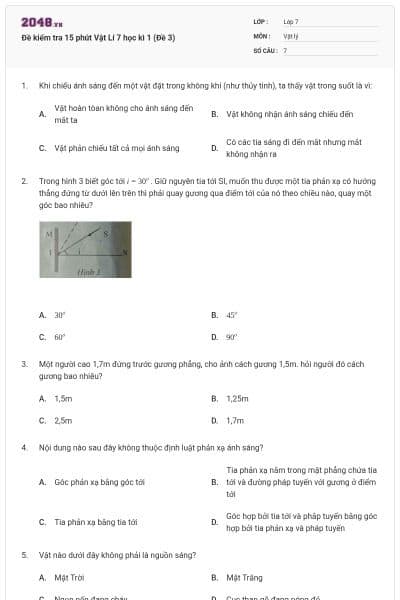 Đề kiểm tra 15 phút Vật Lí 7 học kì 1 (Đề 3)