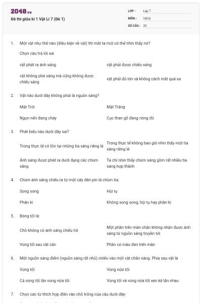 Đề thi giữa kì 1 Vật Lí 7 (Đề 1)