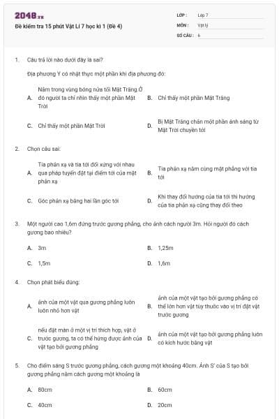 Đề kiểm tra 15 phút Vật Lí 7 học kì 1 (Đề 4)