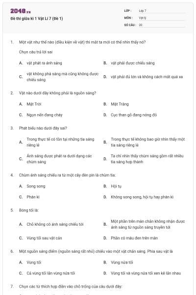 Đề thi giữa kì 1 Vật Lí 7 (Đề 1)