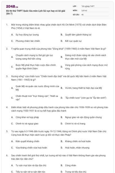 Đề thi thử THPT Quốc Gia môn Lịch Sử cực hay có lời giải (Đề 7)