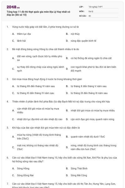Tổng hợp 11 đề thi thpt quốc gia môn Địa Lý Hay nhất có đáp án (Đề số 10)