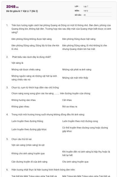 Đề thi giữa kì 1 Vật Lí 7 (Đề 2)