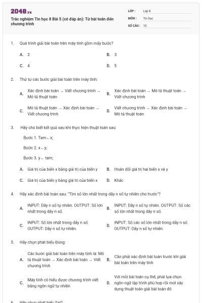 Trắc nghiệm Tin học 8 Bài 5 (có đáp án): Từ bài toán đến chương trình