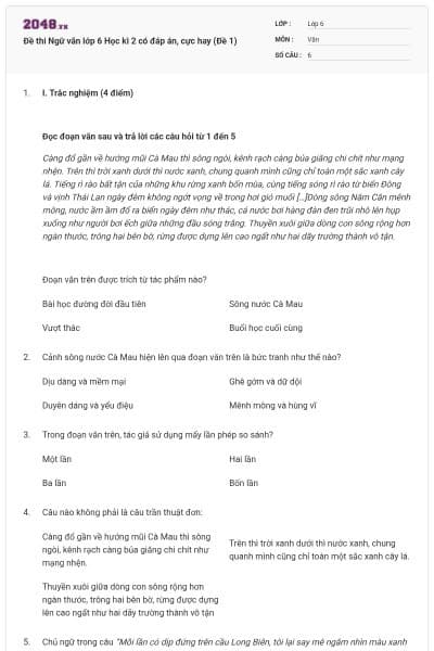 Đề thi Ngữ văn lớp 6 Học kì 2 có đáp án, cực hay (Đề 1)