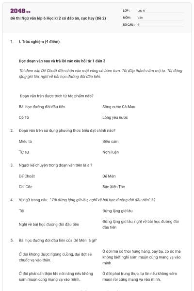 Đề thi Ngữ văn lớp 6 Học kì 2 có đáp án, cực hay (Đề 2)