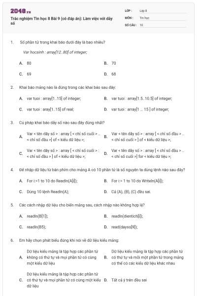 Trắc nghiệm Tin học 8 Bài 9 (có đáp án): Làm việc với dãy số