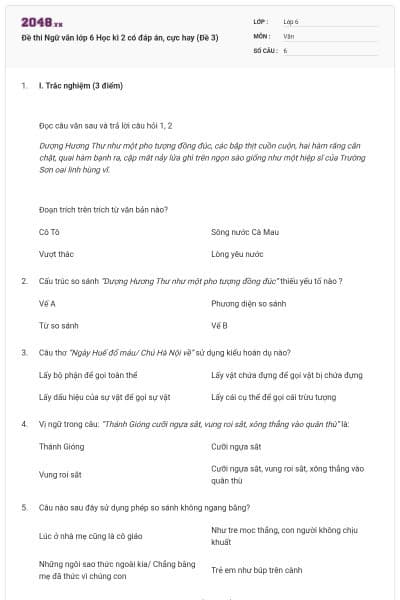 Đề thi Ngữ văn lớp 6 Học kì 2 có đáp án, cực hay (Đề 3)