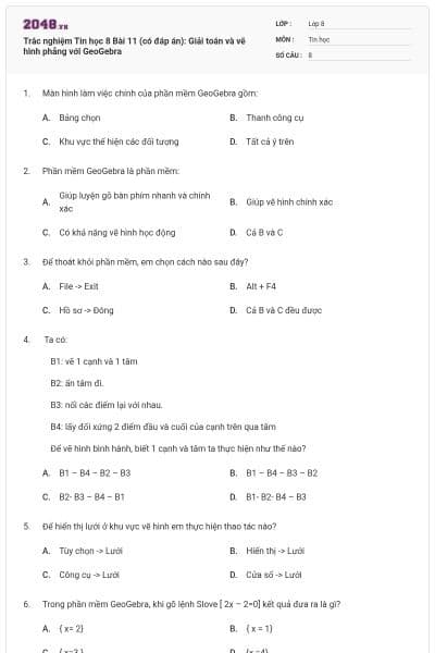 Trắc nghiệm Tin học 8 Bài 11 (có đáp án): Giải toán và vẽ hình phẳng với GeoGebra