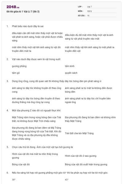 Đề thi giữa kì 1 Vật Lí 7 (Đề 3)