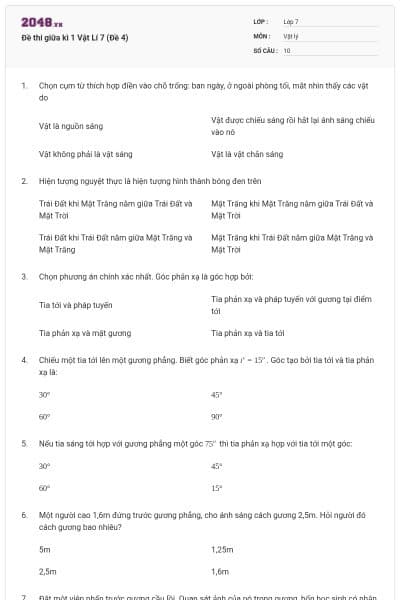 Đề thi giữa kì 1 Vật Lí 7 (Đề 4)