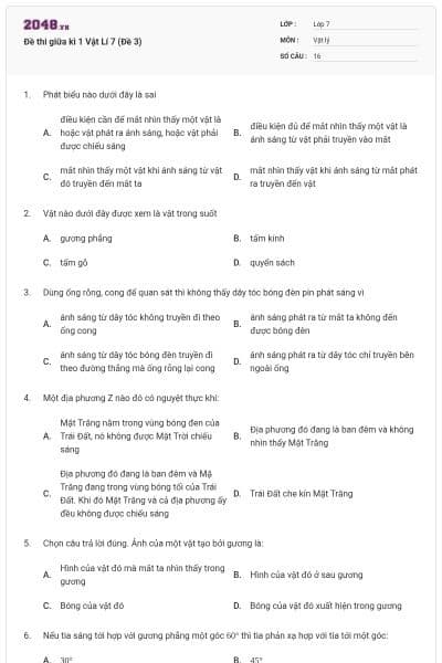 Đề thi giữa kì 1 Vật Lí 7 (Đề 3)