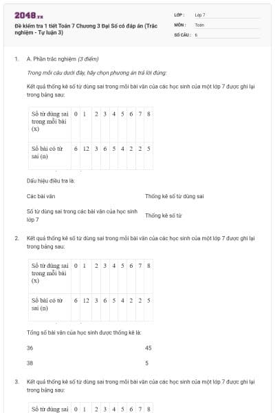 Đề kiểm tra 1 tiết Toán 7 Chương 3 Đại Số có đáp án (Trắc nghiệm - Tự luận 3)