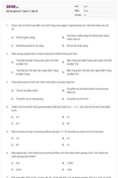 Đề thi giữa kì 1 Vật Lí 7 (Đề 4)