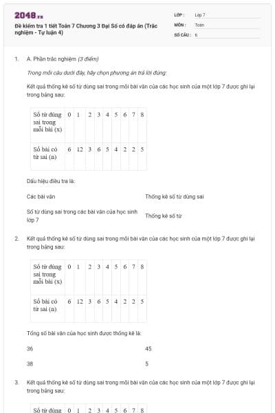 Đề kiểm tra 1 tiết Toán 7 Chương 3 Đại Số có đáp án (Trắc nghiệm - Tự luận 4)