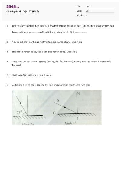 Đề thi giữa kì 1 Vật Lí 7 (Đề 5)