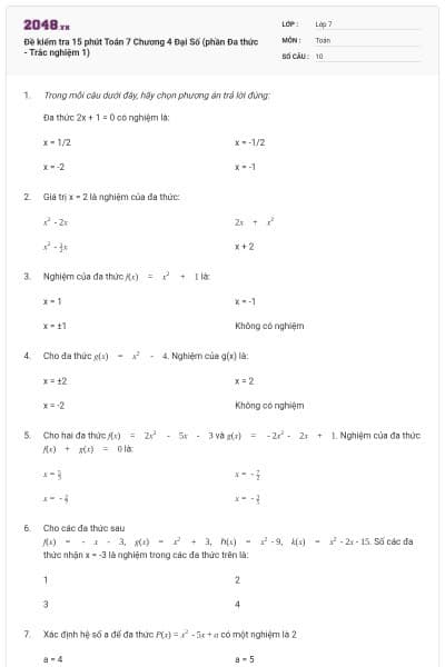 Đề kiểm tra 15 phút Toán 7 Chương 4 Đại Số (phần Đa thức - Trắc nghiệm 1)