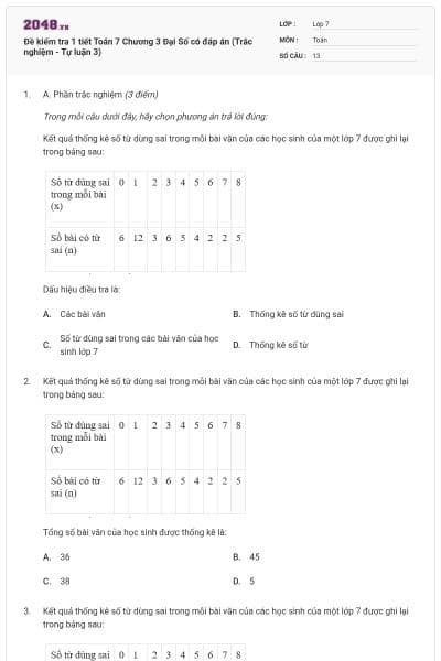 Đề kiểm tra 1 tiết Toán 7 Chương 3 Đại Số có đáp án (Trắc nghiệm - Tự luận 3)