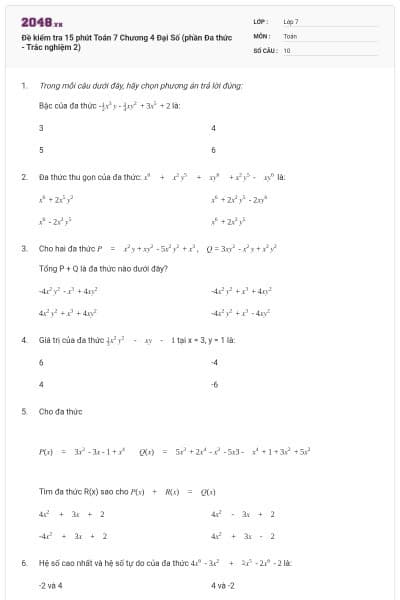Đề kiểm tra 15 phút Toán 7 Chương 4 Đại Số (phần Đa thức - Trắc nghiệm 2)