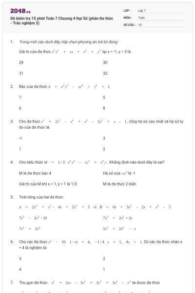 Đề kiểm tra 15 phút Toán 7 Chương 4 Đại Số (phần Đa thức - Trắc nghiệm 3)