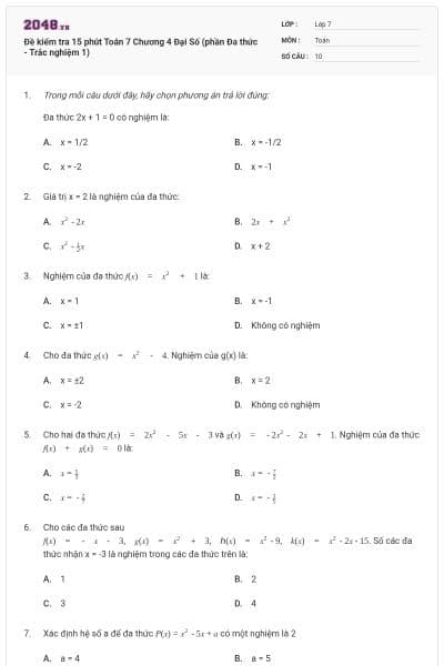 Đề kiểm tra 15 phút Toán 7 Chương 4 Đại Số (phần Đa thức - Trắc nghiệm 1)