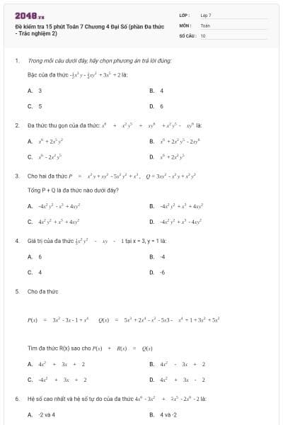 Đề kiểm tra 15 phút Toán 7 Chương 4 Đại Số (phần Đa thức - Trắc nghiệm 2)