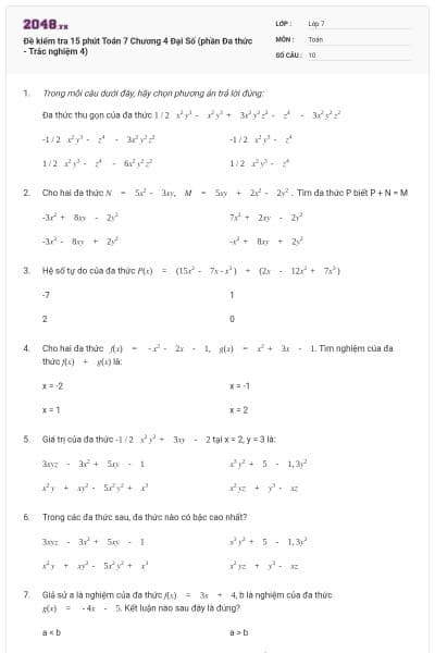Đề kiểm tra 15 phút Toán 7 Chương 4 Đại Số (phần Đa thức - Trắc nghiệm 4)
