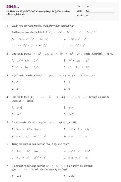 Đề kiểm tra 15 phút Toán 7 Chương 4 Đại Số (phần Đa thức - Trắc nghiệm 4)