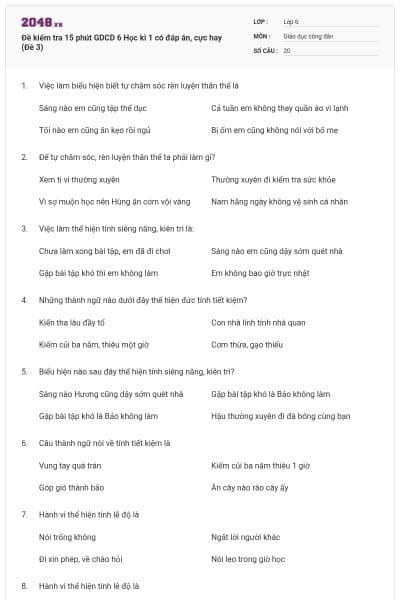 Đề kiểm tra 15 phút GDCD 6 Học kì 1 có đáp án, cực hay (Đề 3)