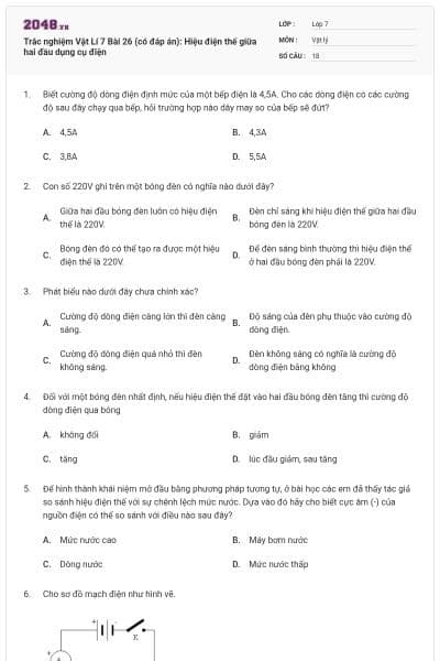 Trắc nghiệm Vật Lí 7 Bài 26 (có đáp án): Hiệu điện thế giữa hai đầu dụng cụ điện