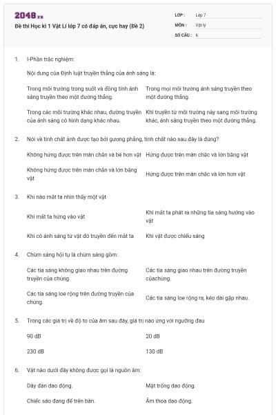 Đề thi Học kì 1 Vật Lí lớp 7 có đáp án, cực hay (Đề 2)